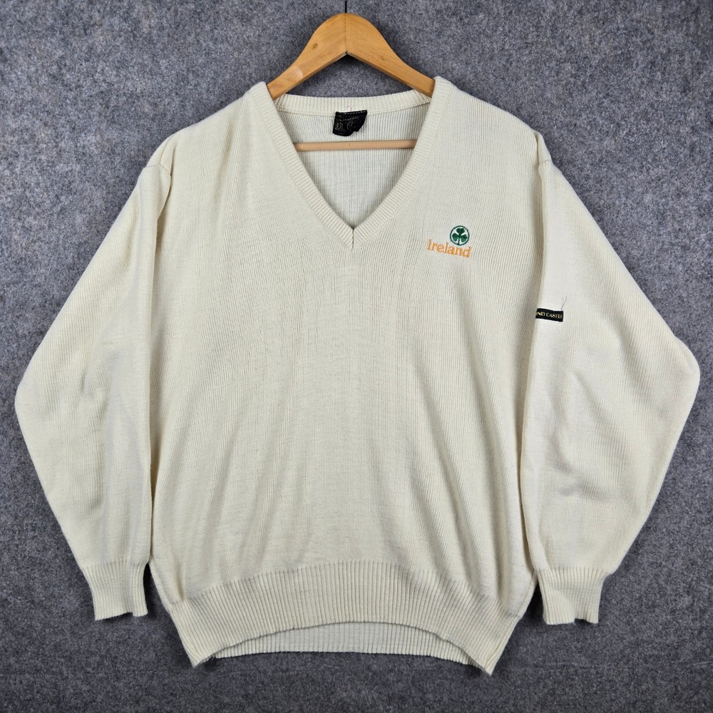 Blarney Castle V-Neck Sweater Mens Large Cream Ireland Shamrock Vintage Preppy